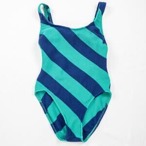 Vintage Green Blue Crochet One Piece Swimsuit Womens Medium